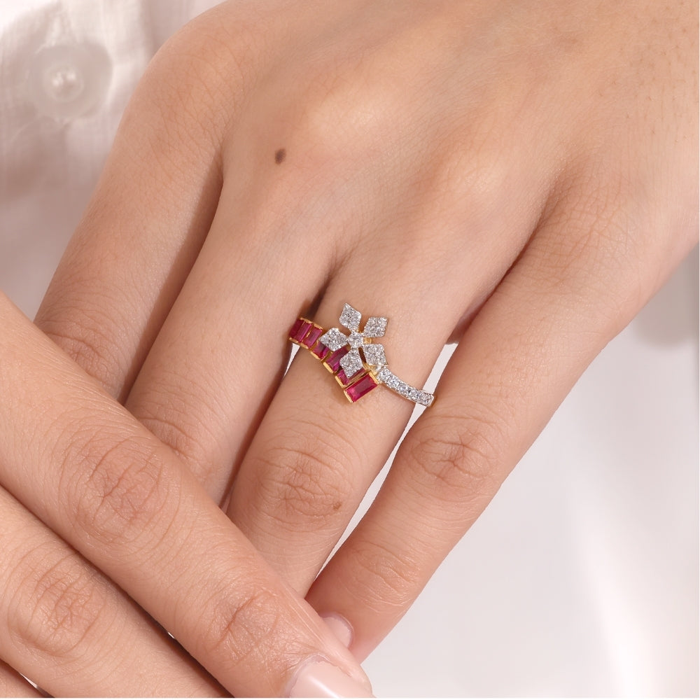 Floral Ruby Moissanite Diamond Ring