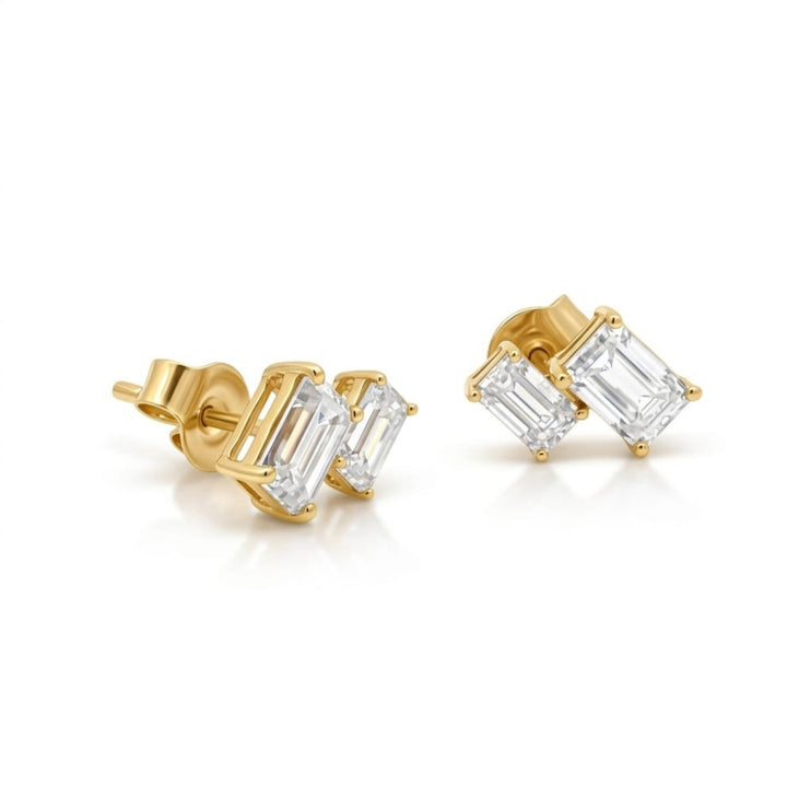 Dual Emerald-Cut Monzonite Stud Earrings
