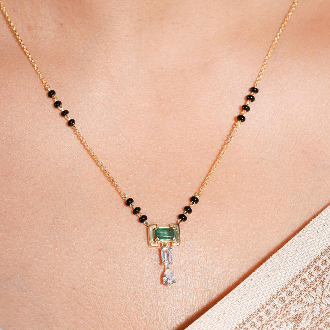 Green Emerald Mangalsutra | Gold Vermeil