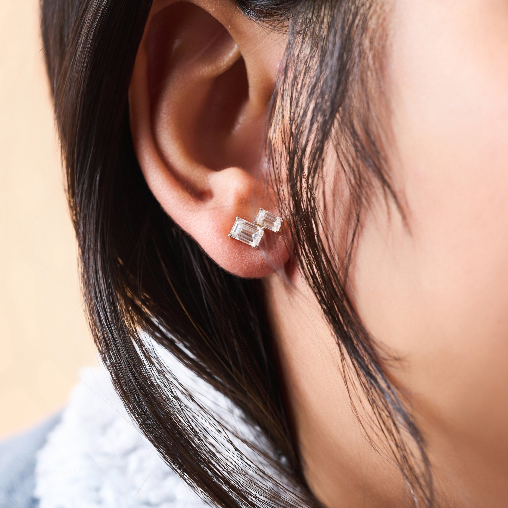 Dual Emerald-Cut Monzonite Stud Earrings