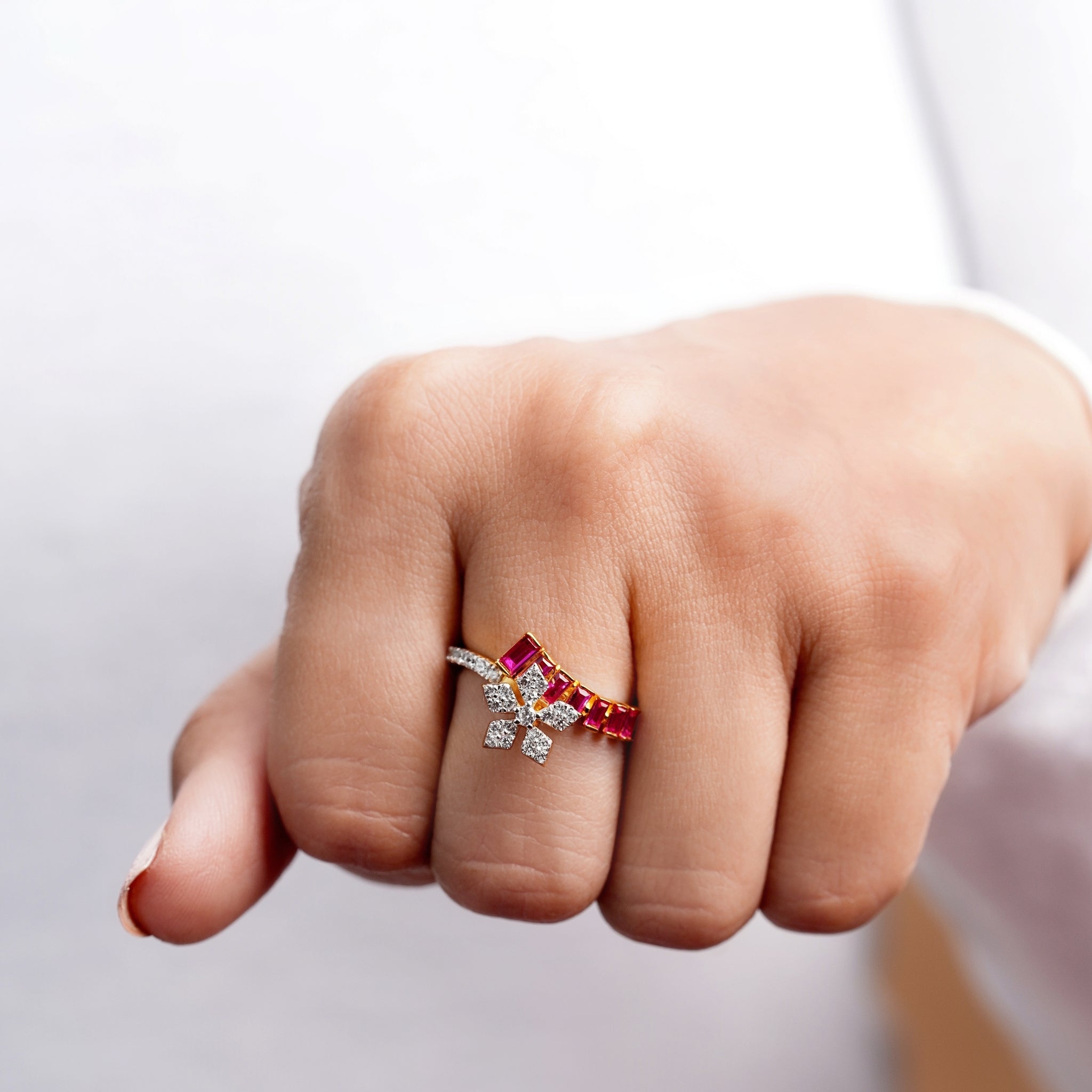 Floral Ruby Monzonite Diamond Ring