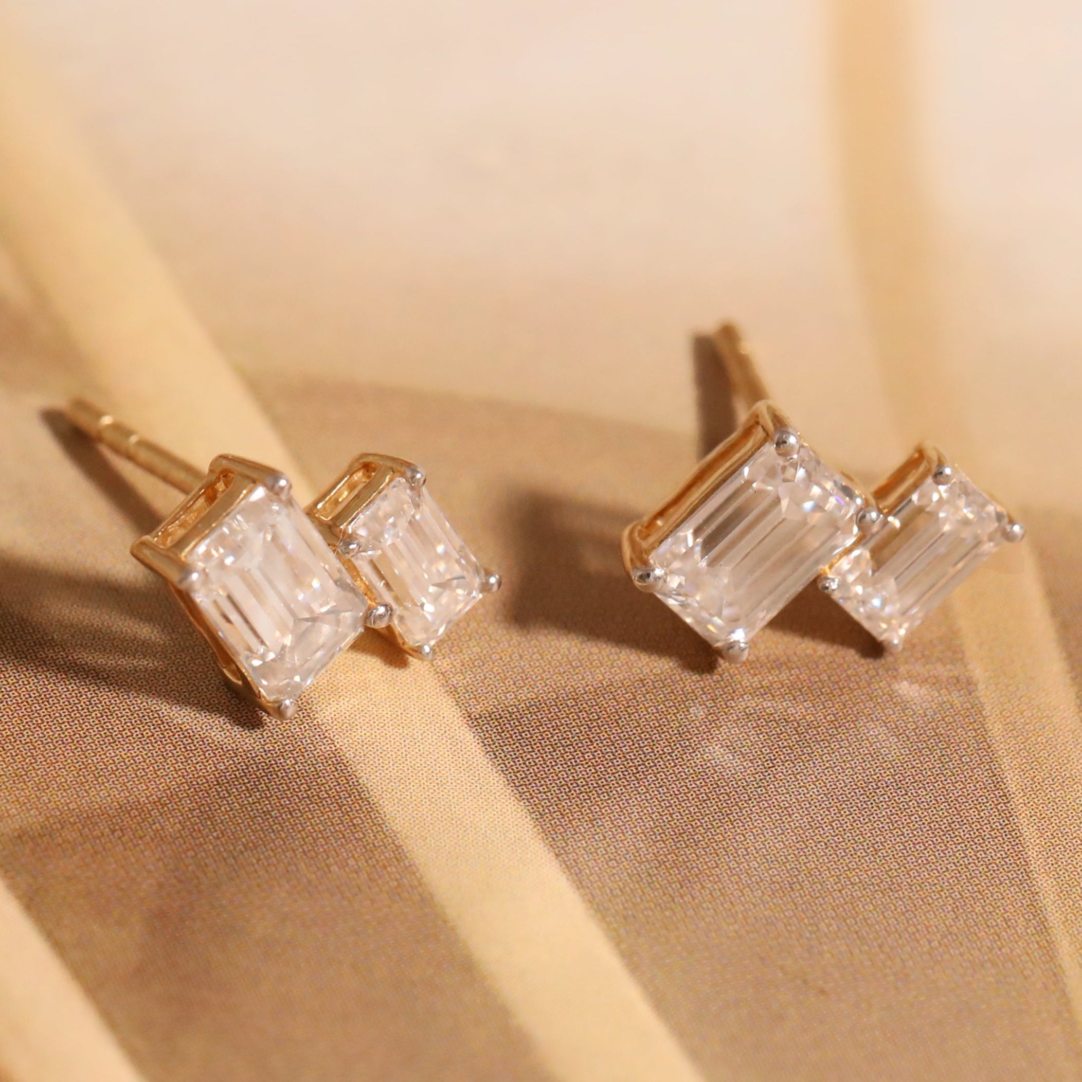 Dual Emerald-Cut Monzonite Stud Earrings