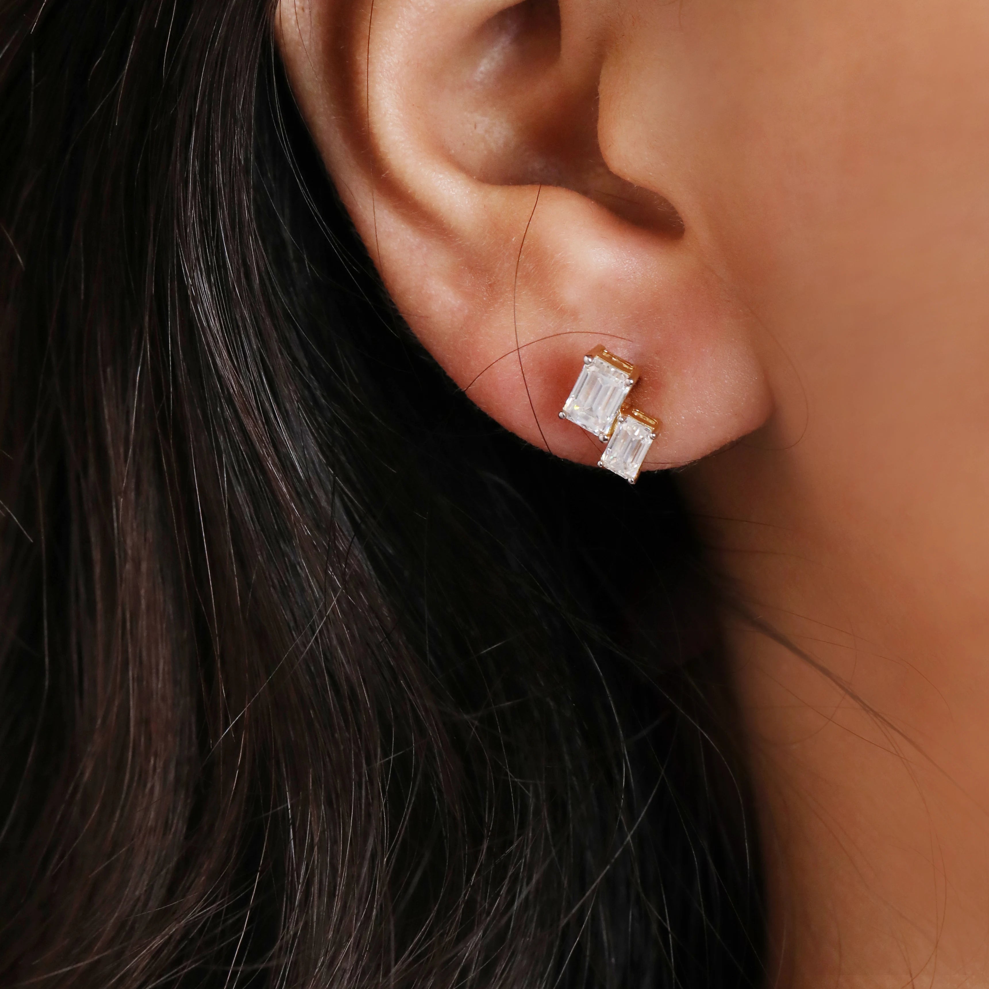 Dual Emerald-Cut Moissanite Stud Earrings