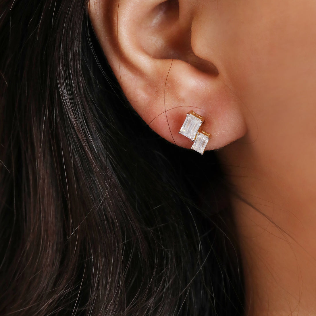 Dual Emerald-Cut Moissanite Stud Earrings