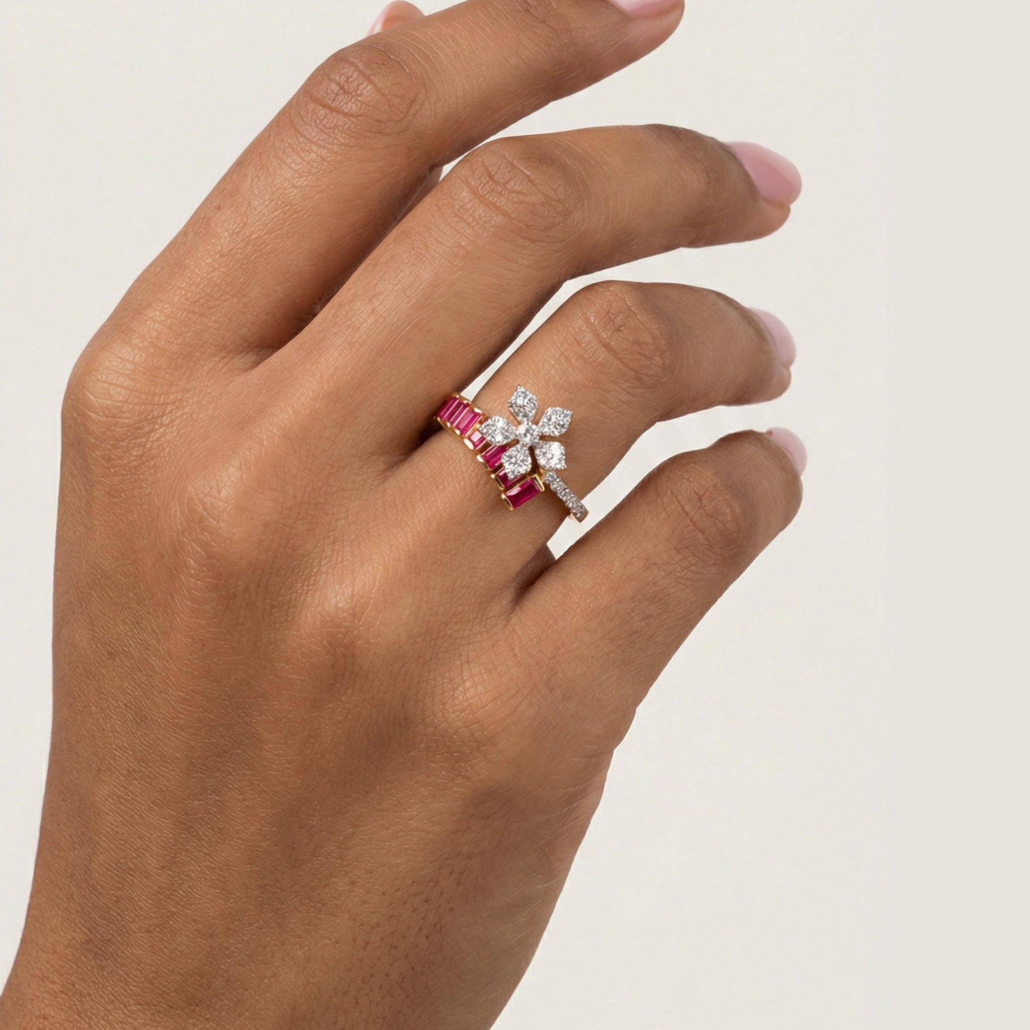 Floral Ruby Monzonite Diamond Ring