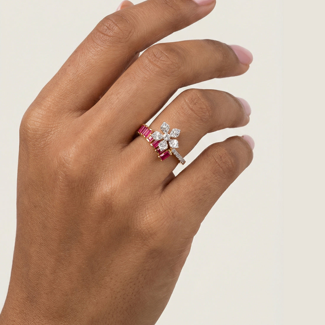 Floral Ruby Monzonite Diamond Ring